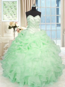 Eye-catching Floor Length Lace Up Ball Gown Prom Dress Apple Green for Military Ball and Sweet 16 and Quinceanera with Beading and Ruffles