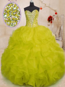 Glittering Yellow Green Vestidos de Quinceanera Military Ball and Sweet 16 and Quinceanera and For with Beading and Ruffles Sweetheart Sleeveless Lace Up