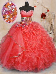 Floor Length Ball Gowns Sleeveless Coral Red Quince Ball Gowns Lace Up