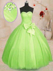 Floor Length Lace Up Sweet 16 Dress Yellow Green for Military Ball and Sweet 16 and Quinceanera with Beading and Bowknot