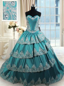Unique Teal Ball Gowns Sweetheart Sleeveless Taffeta With Train Lace Up Beading and Appliques and Ruffled Layers Quinceanera Dress