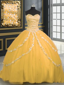 Gold Lace Up Sweetheart Beading and Appliques Vestidos de Quinceanera Tulle Sleeveless Brush Train