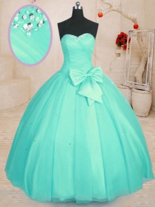 Hot Sale Aqua Blue Sleeveless Floor Length Beading and Bowknot Lace Up Quinceanera Dress