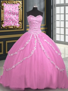 Elegant With Train Rose Pink Ball Gown Prom Dress Tulle Brush Train Sleeveless Beading and Appliques