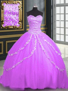 With Train Lace Up Quince Ball Gowns Lilac for Military Ball and Sweet 16 and Quinceanera with Beading and Appliques Brush Train