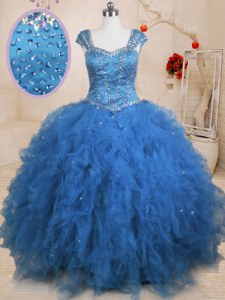 Glittering Teal Cap Sleeves Floor Length Beading and Ruffles and Sequins Lace Up Ball Gown Prom Dress