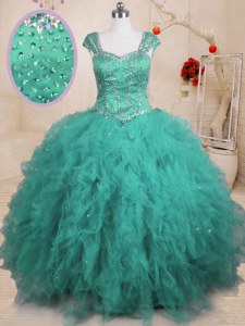 Turquoise Ball Gowns Square Cap Sleeves Tulle Floor Length Lace Up Beading and Ruffles 15th Birthday Dress