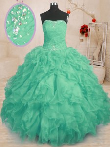 Superior Turquoise Strapless Lace Up Beading and Ruffles and Ruching Ball Gown Prom Dress Sleeveless