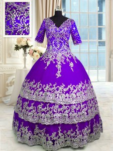Beauteous Purple Zipper V-neck Beading and Appliques and Ruffled Layers 15 Quinceanera Dress Tulle Half Sleeves