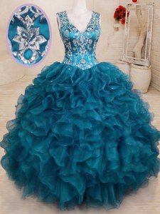 Teal Organza Backless Quinceanera Dress Sleeveless Floor Length Beading and Embroidery and Ruffles