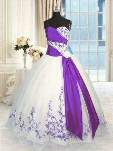 Most Popular Sleeveless Floor Length Embroidery and Sashes ribbons Lace Up Quinceanera Gown with White And Purple