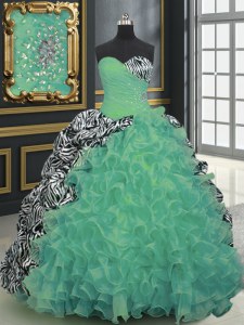 Printed Green Lace Up Quinceanera Gowns Beading and Ruffles and Pattern Sleeveless With Brush Train