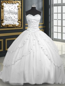 Shining White Sleeveless Tulle Brush Train Lace Up 15 Quinceanera Dress for Military Ball and Sweet 16 and Quinceanera