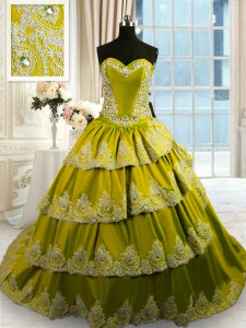 Pretty Olive Green Ball Gowns Taffeta Sweetheart Sleeveless Beading and Appliques and Ruffled Layers With Train Lace Up Sweet 16 Dress Court Train