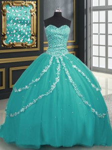 Elegant Turquoise Lace Up Sweetheart Beading and Appliques Ball Gown Prom Dress Tulle Sleeveless Brush Train