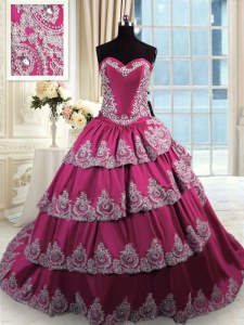 Affordable Fuchsia Sleeveless Court Train Beading and Appliques and Ruffled Layers With Train 15th Birthday Dress