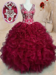 Nice Wine Red Ball Gowns V-neck Sleeveless Organza Floor Length Zipper Beading and Embroidery and Ruffles Quinceanera Dresses