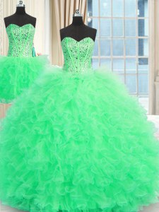 Fashionable Three Piece Apple Green Sleeveless Floor Length Beading and Ruffles Lace Up Quinceanera Dresses