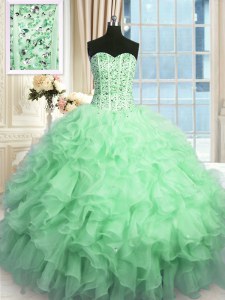Chic Sequins Sweetheart Sleeveless Lace Up Quinceanera Dresses Apple Green Organza
