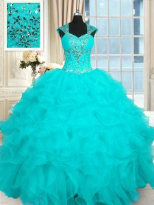 Cap Sleeves Floor Length Beading and Ruffles Lace Up 15 Quinceanera Dress with Aqua Blue