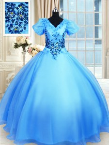 Ideal Floor Length Baby Blue Quinceanera Dress Organza Short Sleeves Appliques