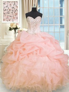 Great Baby Pink Organza Lace Up Sweetheart Sleeveless Floor Length Sweet 16 Dress Beading and Ruffles