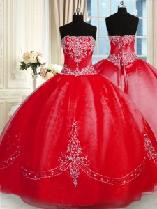 Ball Gowns 15th Birthday Dress Red Strapless Tulle Sleeveless Floor Length Lace Up