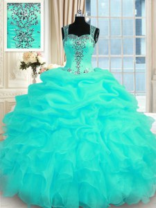 Colorful Turquoise Sweet 16 Quinceanera Dress Military Ball and Sweet 16 and Quinceanera and For with Beading and Ruffles Straps Sleeveless Zipper