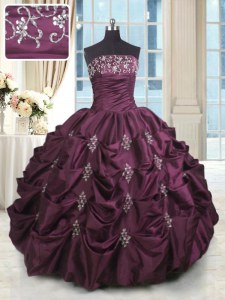 High Class Beading and Appliques and Embroidery and Pick Ups 15th Birthday Dress Burgundy Lace Up Sleeveless Floor Length