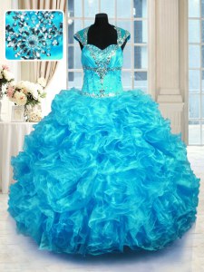 Aqua Blue Organza Lace Up Quince Ball Gowns Cap Sleeves Floor Length Beading and Ruffles