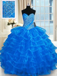Admirable Blue Sweetheart Lace Up Beading and Ruffled Layers 15th Birthday Dress Sleeveless