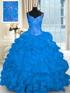 Blue Sleeveless Brush Train Beading and Embroidery and Ruffles and Pick Ups 15th Birthday Dress