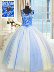 Customized Sequins Floor Length Blue And White 15th Birthday Dress V-neck Sleeveless Lace Up