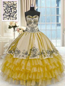 Admirable Ruffled Floor Length Ball Gowns Sleeveless Gold Quinceanera Gowns Lace Up