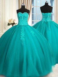 Colorful Ball Gowns 15th Birthday Dress Teal Sweetheart Tulle Sleeveless Floor Length Lace Up