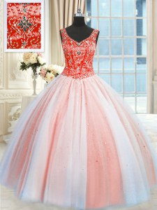 Multi-color V-neck Lace Up Beading and Sequins Quinceanera Gowns Sleeveless