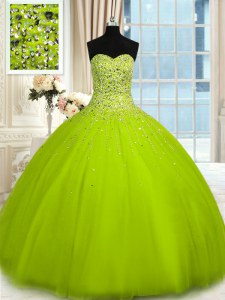Perfect Olive Green Sleeveless Beading Floor Length 15th Birthday Dress