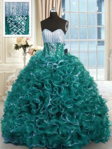 Custom Designed Turquoise Ball Gowns Sweetheart Sleeveless Organza With Brush Train Lace Up Beading and Ruffles Vestidos de Quinceanera