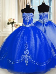 Royal Blue Ball Gowns Organza Strapless Sleeveless Beading and Embroidery Floor Length Lace Up Ball Gown Prom Dress