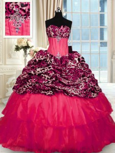 Sweet Ruffled Sweep Train Ball Gowns Sweet 16 Dress Red Strapless Organza and Printed Sleeveless Lace Up