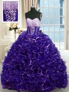 Purple Sweetheart Lace Up Beading and Ruffles 15 Quinceanera Dress Brush Train Sleeveless