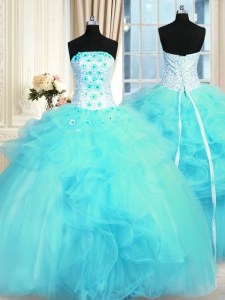 Pick Ups Ball Gowns Quinceanera Gowns Aqua Blue Strapless Tulle Sleeveless Floor Length Lace Up