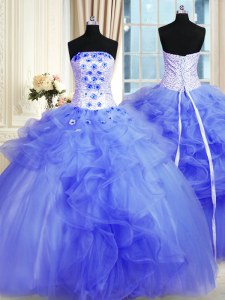 Adorable Blue Tulle Lace Up Strapless Sleeveless Floor Length Quinceanera Gowns Pick Ups and Hand Made Flower