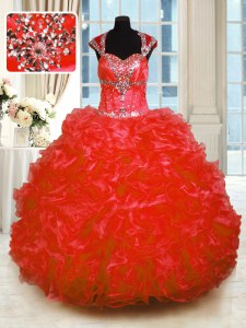 Dazzling Organza Cap Sleeves Floor Length Quinceanera Gowns and Beading and Ruffles