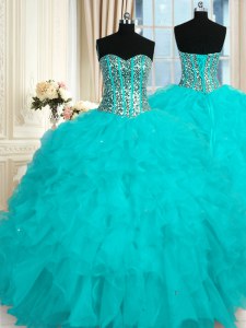 Super Sleeveless Floor Length Beading and Ruffles Lace Up Vestidos de Quinceanera with Baby Blue