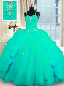 Modern Sleeveless With Train Beading and Ruffles Lace Up Quince Ball Gowns with Turquoise Sweep Train