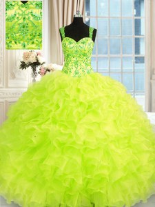 Yellow Green Sleeveless Floor Length Beading and Embroidery and Ruffles Lace Up Quinceanera Gown