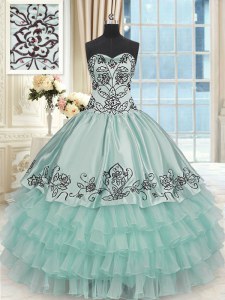 Apple Green Ball Gown Prom Dress Sweet 16 and Quinceanera and For with Beading and Embroidery and Ruffled Layers Sweetheart Sleeveless Lace Up