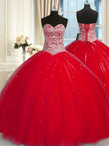 Adorable Red Tulle Lace Up Halter Top Sleeveless Quince Ball Gowns Beading and Sequins