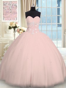 Sleeveless Tulle Floor Length Lace Up Quinceanera Dress in Pink with Beading